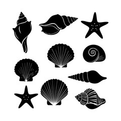Collection of different black sea shells and starfish vector. Seashells black icons set silhouette illustration.