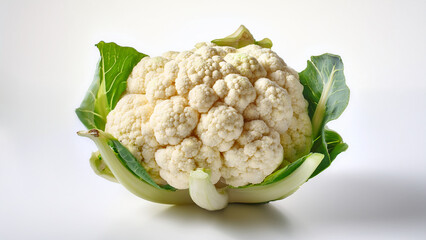 A whole fresh cauliflower with soft white florets on pure white background