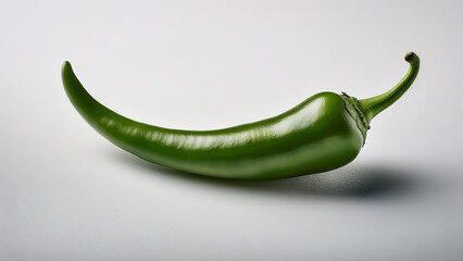 A single green chili pepper placed neatly on white background