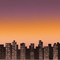 Fototapeta premium City skyline silhouette featuring high-rise buildings against a gradient sky transitioning from warm orange to deep purple, suggestive of a sunset or sunrise