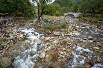 Stack of stones in the river of Seoraksan National Park near Sokcho