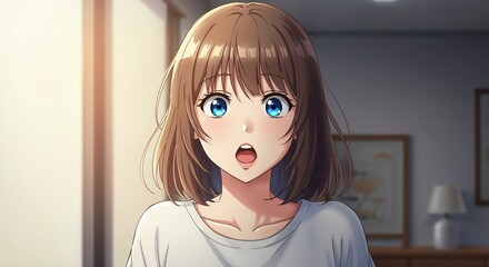 Anime Girl's Astonishment: An expressive anime girl, with wide, surprised eyes and a slightly open mouth, stands in a warmly lit room. Capture the moment of surprise.