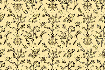 Repeating Pattern of Beetles and Branches Black Line Art on Cream Background Keywords: insect, beetle, butterfly, dragonfly, ant, bee, leaf