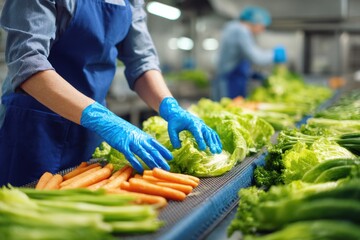 Food production line worker prepares fresh vegetables during busy hours at the processing facility