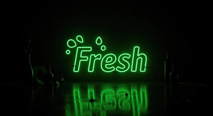 Obraz premium Neon Fresh Sign: Illuminated by neon lights, the word Fresh glows vibrantly, surrounded by stylized water droplets, conveying a sense of vitality and renewal.