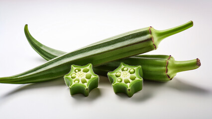 Fresh okra with one whole piece and one cross-section slice on white