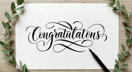 Congratulations Card with Leaves and Pen: An elegant congratulatory message artfully inscribed on a pristine card, framed by delicate green leaves and a sleek pen.