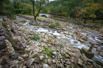 Stack of stones in the river of Seoraksan National Park near Sokcho