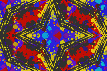 Symmetrical abstract starburst with vibrant paint splatters and dark lines pattern