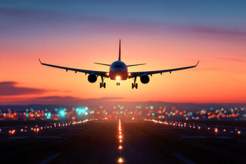 Fototapeta premium Commercial airplane approaching runway with landing gear down during vibrant sunset and city lights glowing in the background for an evening arrival scene