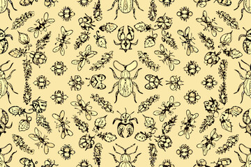 Vintage Insect and Leaf Pattern Black Line Art on Cream Background Keywords: insect, beetle, butterfly, dragonfly, ant, bee, leaf, branch, floral