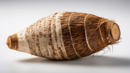 A whole taro root with brown textured skin on white background