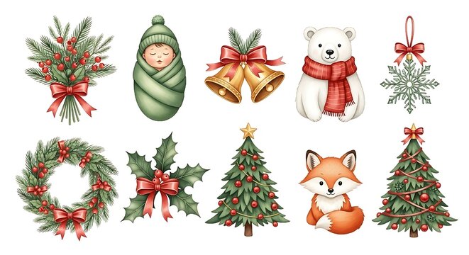 Watercolor christmas set with cute baby in green wrap, bells, polar bear, snowflake, wreath, holly, fox and christmas tree isolated on white background perfect for cards, invitations, prints, and more