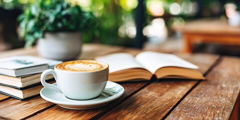 A cozy scene featuring a latte cup, an open book, and some stacked books on a wooden table, surrounded by greenery.
