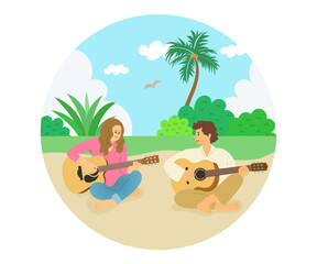 A man and woman playing guitar on a southern island.