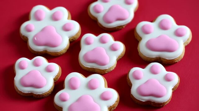 Close-up of paw-shaped cookies decorated with white icing and pink accents on a red surface