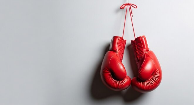 Red boxing gloves hanging on wall sports equipment boxing training workout gym - Powered by Adobe