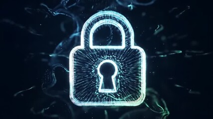 Abstract digital padlock icon symbolizing cybersecurity and data protection. Futuristic glowing particle animation of a secure lock - Powered by Adobe