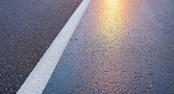 Asphalt Road Texture with White Line: A close-up view of a wet asphalt road, a pristine white line guides the eye, with a splash of golden reflection adding intrigue.