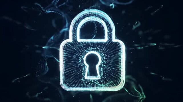 Abstract digital padlock icon symbolizing cybersecurity and data protection. Futuristic glowing particle animation of a secure lock