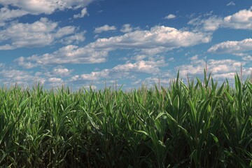 Vibrant corn field stretches under a clear blue sky with fluffy clouds, embodying the essence of rural life and nature's beauty on a sunny day