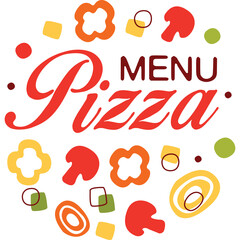Pizza Menu Sign with Colorful Vegetables and Pizza Slice Graphics on Transparent Background