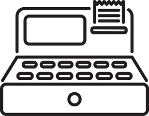 Simple black and white icon of a cash register printing a receipt, representing retail sales and financial transactions