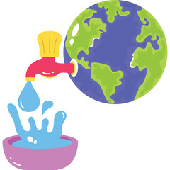 Planet Earth Connected To A Red Faucet Dripping Water Into A Pink Bowl With Blue Water Splash