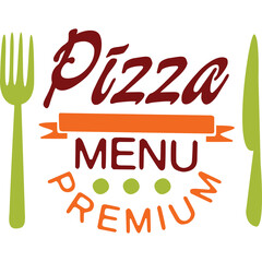 Pizza Menu Premium Graphic Design With Utensils And Ribbon Element On White Background Isolated