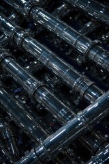 Ethereal light beams filtering through intricate pipework, creating a dramatic and surreal, almost otherworldly, visual. A complex, abstract network of polished metallic pipes. Dramatic, sharp beams