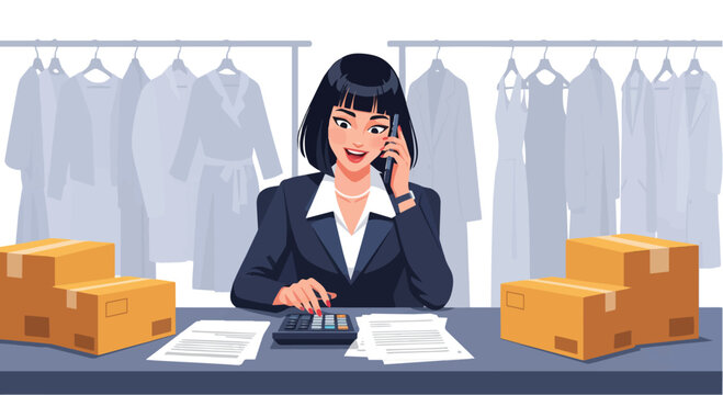 Focused entrepreneur managing an online fashion store, efficiently processing orders and providing customer service while handling finances and logistics from her business office