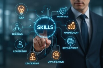 Business professional selecting skills in a digital interface, emphasizing workforce training, management, and leadership development for modern organizational growth.