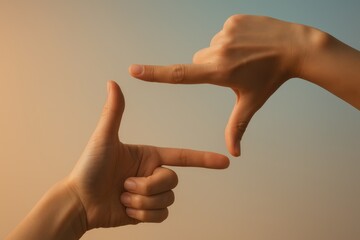 Creative gesture of hands forming a frame, symbolizing perspective, vision, and creativity in artistic endeavors. Concept of storytelling and focus in visual art.