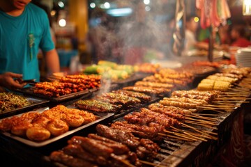 Fototapeta premium Street food delights at Jalan Alor market in Kuala Lumpur during a vibrant evening scene filled with smoky aromas and tempting dishes