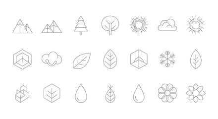 Nature-inspired simple line art design elements set for web design or branding with icons