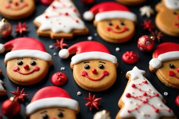 Festive cookie platter with assorted Christmas shapes and toppings, arranged artfully on a rustic wooden surface with soft holiday lighting. A meticulously arranged assortment of intricately decorated
