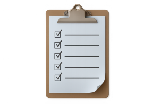 Checklist on clipboard with completed tasks, symbolizing productivity, success, goal achievement and planning