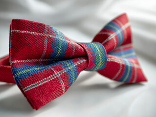 Stylish red plaid fabric bow tie with blue and white accents resting on a soft white surface showcasing texture and bold pattern for formal wear