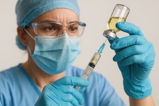 Healthcare professional preparing vaccine in a sterile environment, highlighting the importance of vaccination and public health. Concept of medical readiness and patient care.