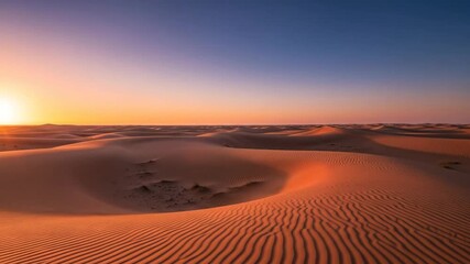 Expansive desert landscape with rolling sand dunes under a clear sky during sunset or sunrise - Powered by Adobe