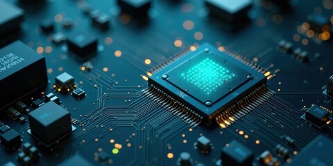 Close-up view of a central processing unit on a circuit board, showcasing intricate technological detail and glowing data visualization