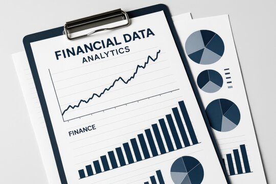 Financial data analytics overview featuring growth charts, bar graphs, and pie charts. Concept of data-driven decision making in finance and business forecasting. - Powered by Adobe