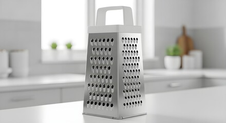 Box grater on a white kitchen counter, bright and clean environment