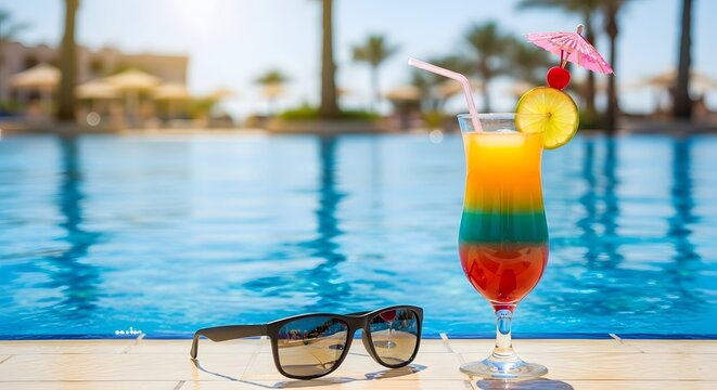 Tropical summer vacation poolside cocktail drink with sunglasses and palm trees holiday resort