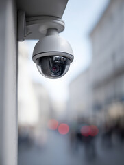 White dome security camera monitoring a busy urban street with blurred buildings and pedestrians in the background on a bright day