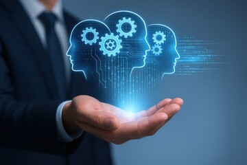 Businessman presenting digital brain with gears and data streams, symbolizing innovation, artificial intelligence, and technological advancement in modern enterprise.