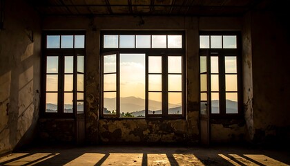Three Windows Overlooking Mountains at Sunset in Abandoned Building.
