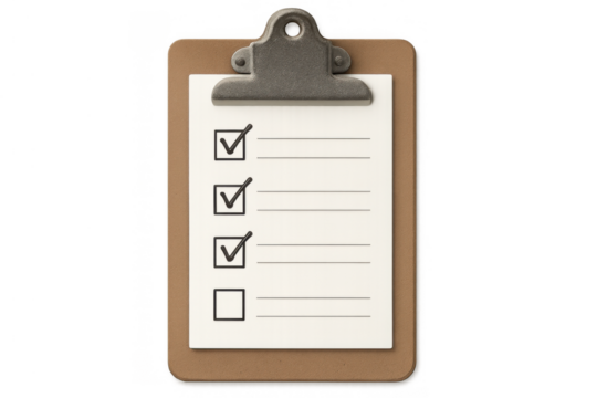 Clipboard with checklist showing completed tasks, concept of organization, productivity, planning, and success on transparent background