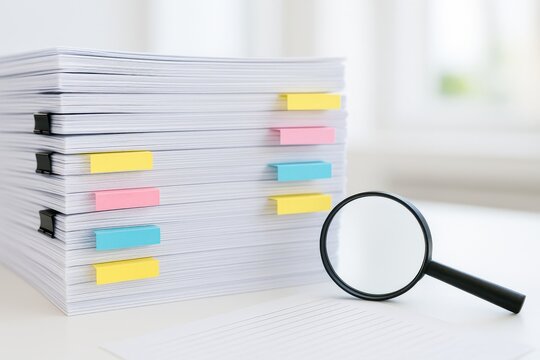 Organized stack of documents with colorful sticky notes and a magnifying glass, symbolizing efficiency and clarity in paperwork management. Concept of organization and focus in business.
