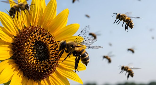 Honey bees pollinating sunflower field in summer sunshine, apis mellifera foraging nectar and pollen